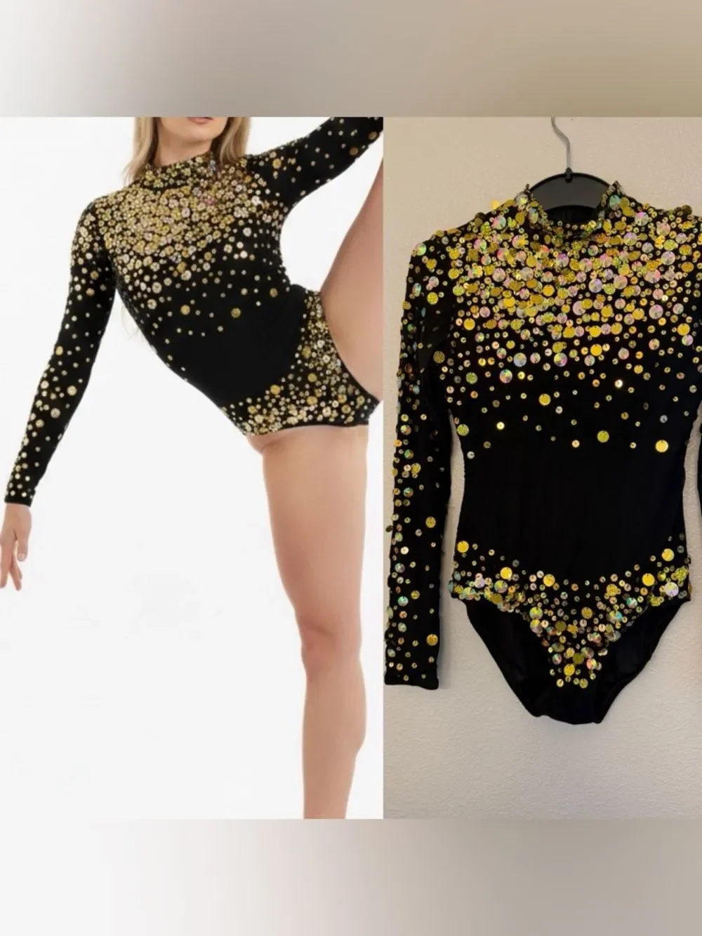 Glamour dance costume black gold mesh sequin gem long sleeve leotard-Adult SA